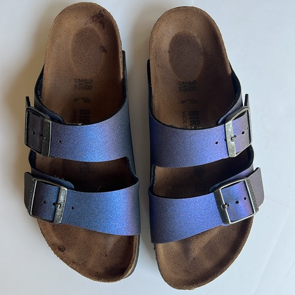 Birkenstock metallic iridescent blue size 38 women’s slides - Picture 4 of 7